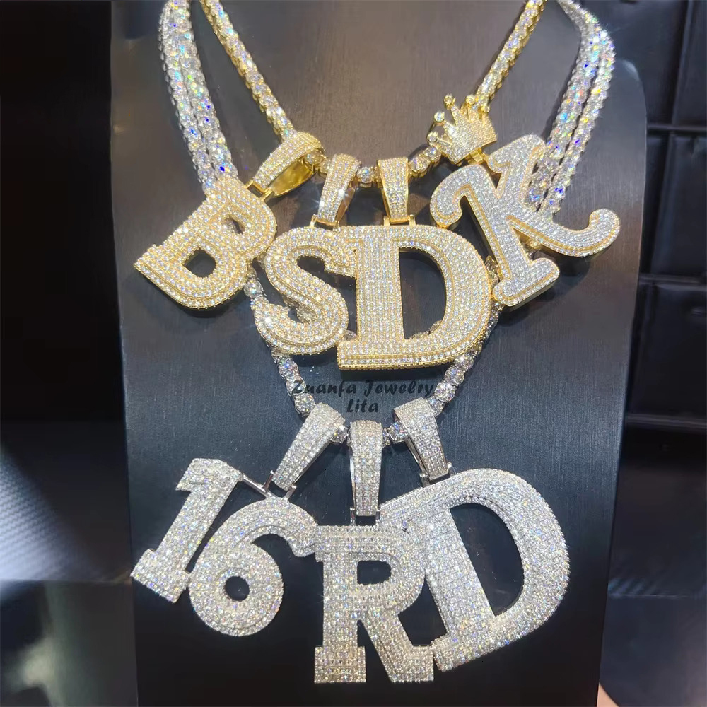 Fine Jewelry Custom Pendant Iced Out VVS Moissanite Diamond Pendant Hip Hop Gold Plated 925 Sterling Silver Letter Pendant Men