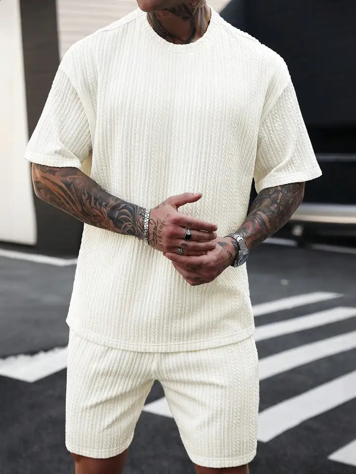 Mens Summer Casual Fashion Jacquard Set is a and Comfortable Suitable for Daily Leisure Sports Occasions 250529Z