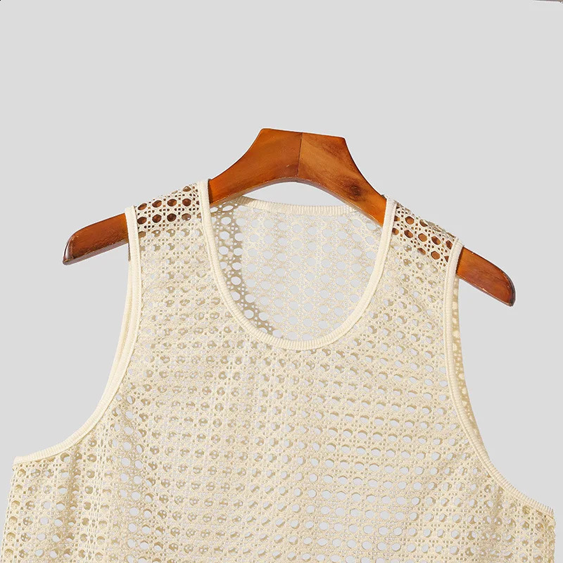 American Style Fashion Men Tops Vacation Hollow Out Mesh Vests Sexy Casual Sleeveless Tank S2XL 2025 Summer 250527
