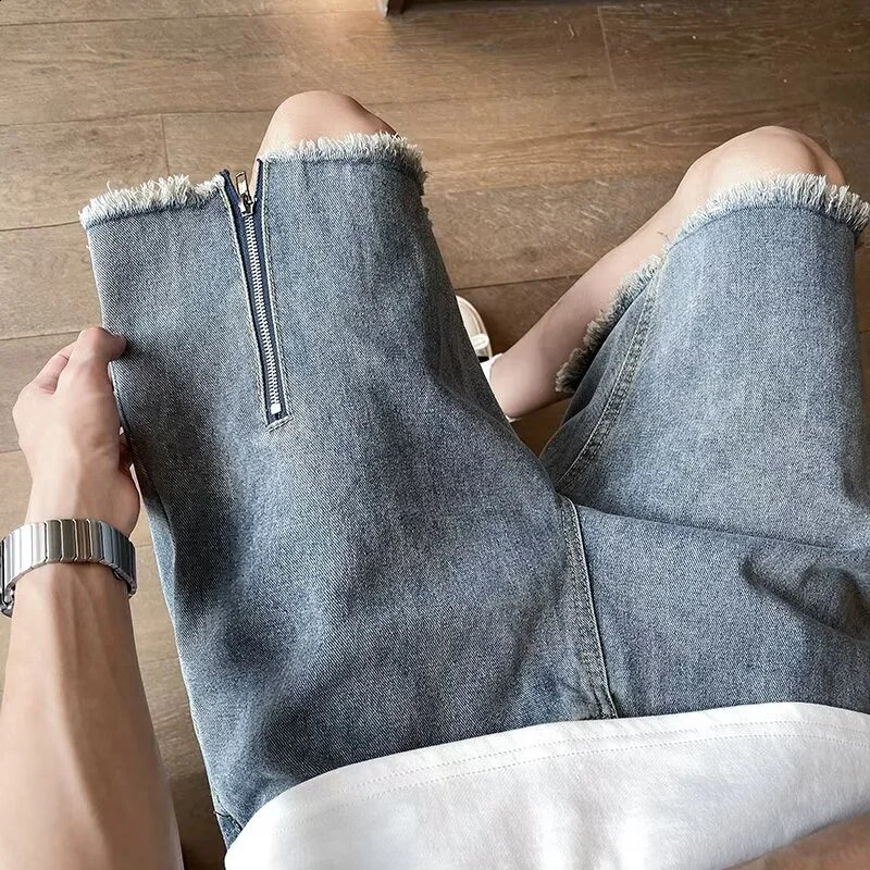 Summer Side Zipper Baggy Jorts For Men Ripped Straight Wide Leg Denim Shorts Hip Hop Fashion Y2K Streetwear Bermuda Jeans 250528