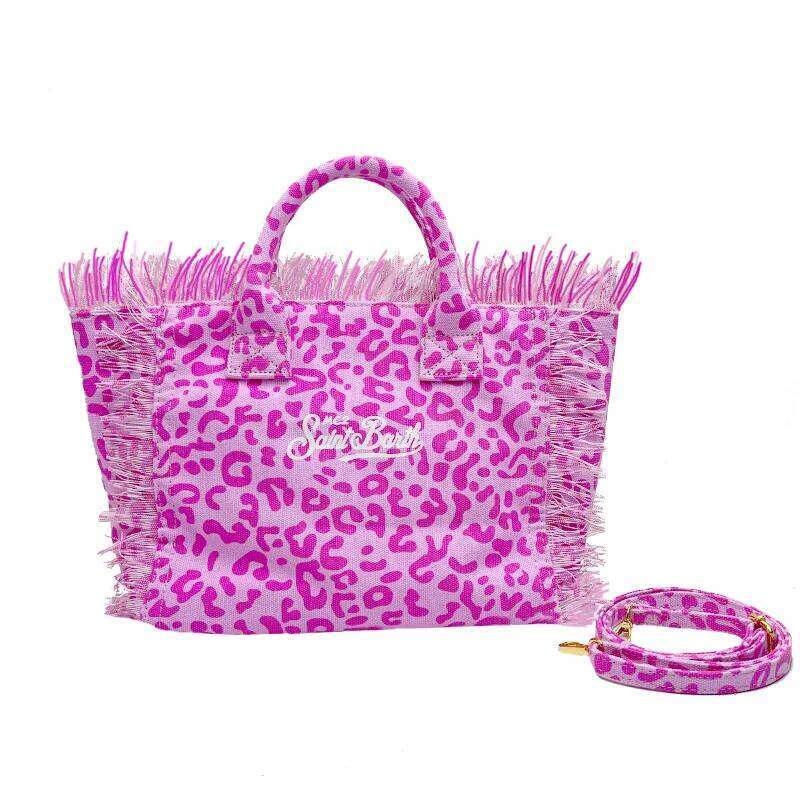 Saint Barth Handbag New Beach Casual Fringe Canvas Leopard Print Rose Red Small Tote Bag For Women