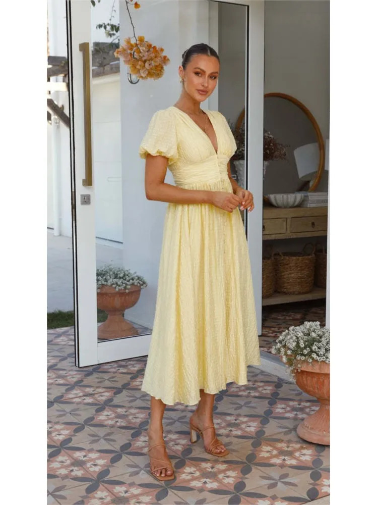 Summer Fashion Dress Womens Solid V Neck Puff Sleeve Button Office Party Dresses Casual Elegnat Female Clubwear Vestidos 250603