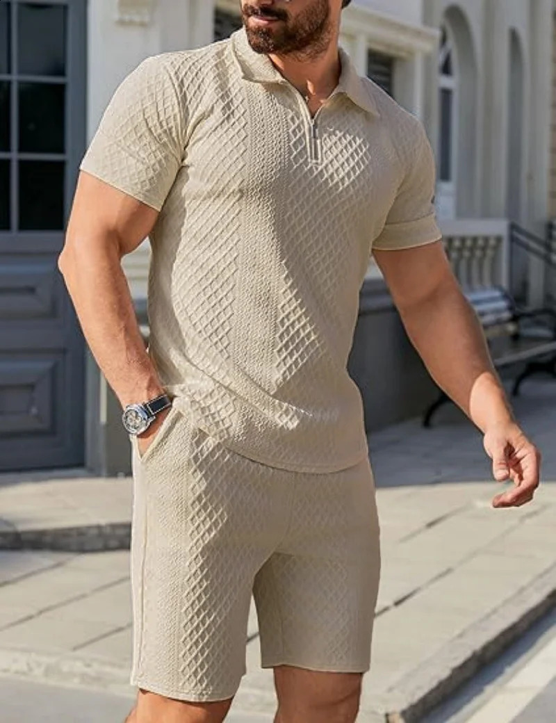 2025 Men Suit Fashion Mens Summer Jacquard Half Zip Short Sleeve Polo ShirtShorts 2 PCS Sets Casual Sports 250530