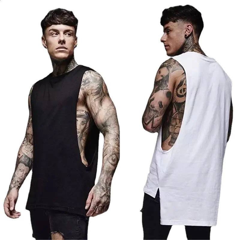 Mens Casual Gym Tank Top Summer Fitness Clothing Cotton Workout Sports Sleeveless Shirt Male Extend Long Singlet Hip Hop Vest 250527