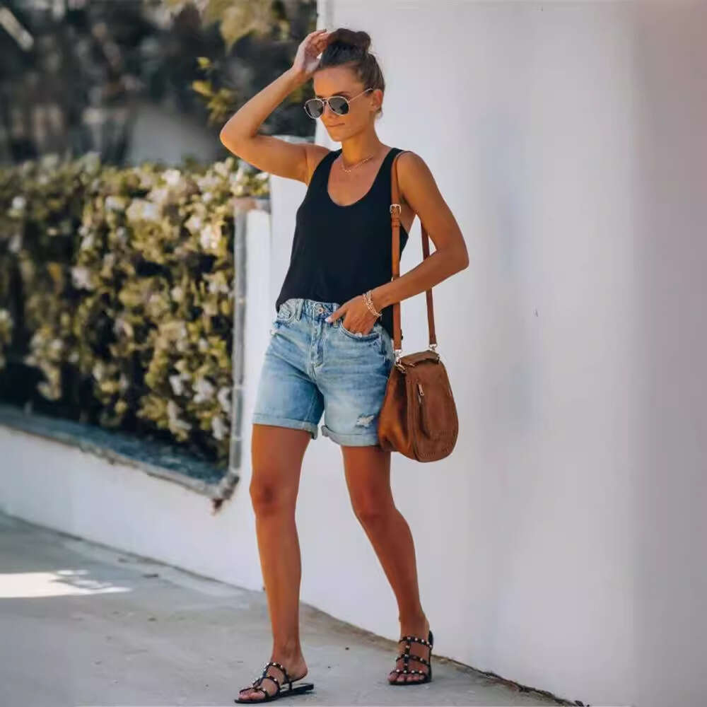 Denim Shorts Jeans Shorts Fashion Women Ladies Pocket Denim Shorts Ripped Short Jeans
