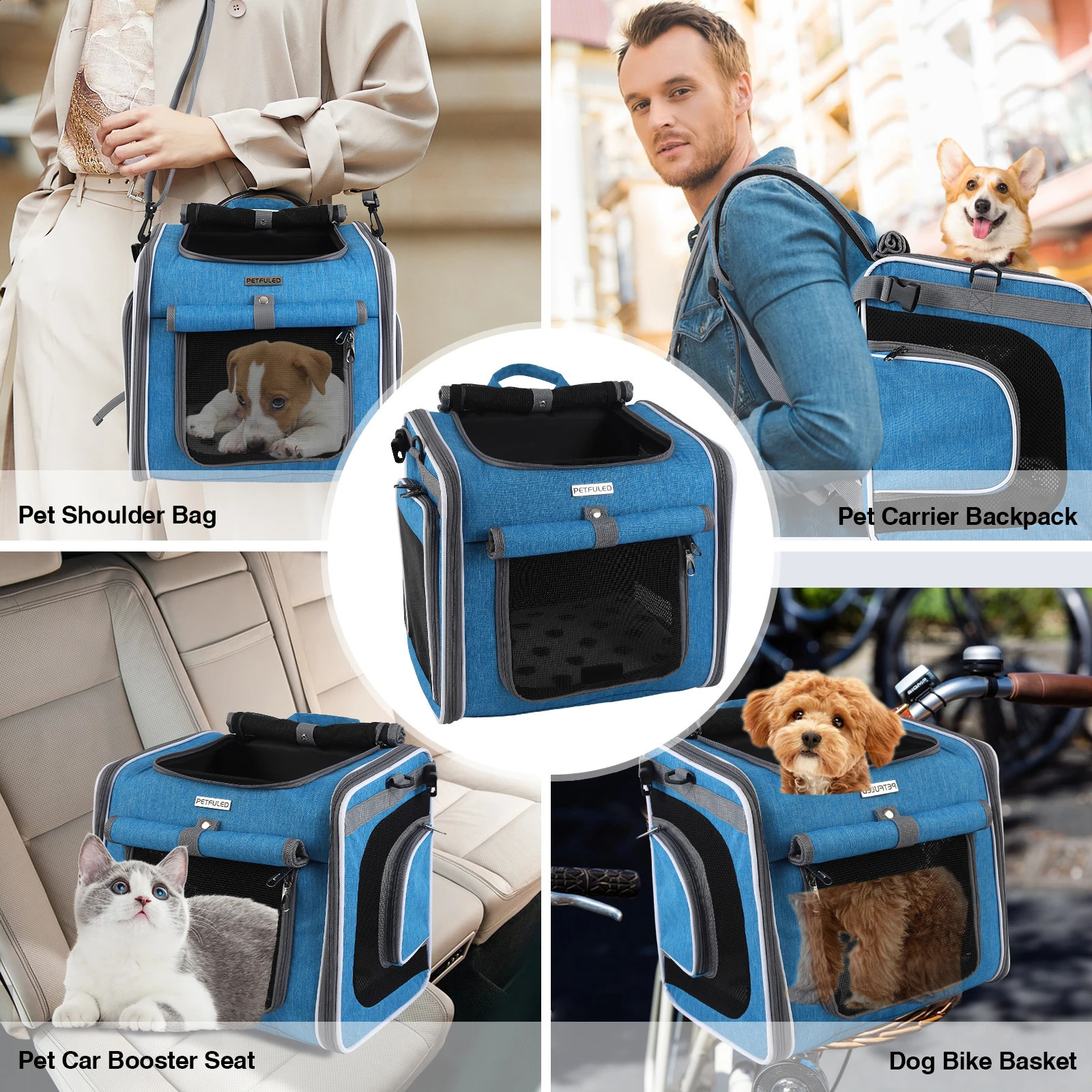 PETFULED Dog or Cat Bike Basket Blue Expandable Soft Sided Pet Backpack with 4 Open Doors Foldable Dog Bike 250526