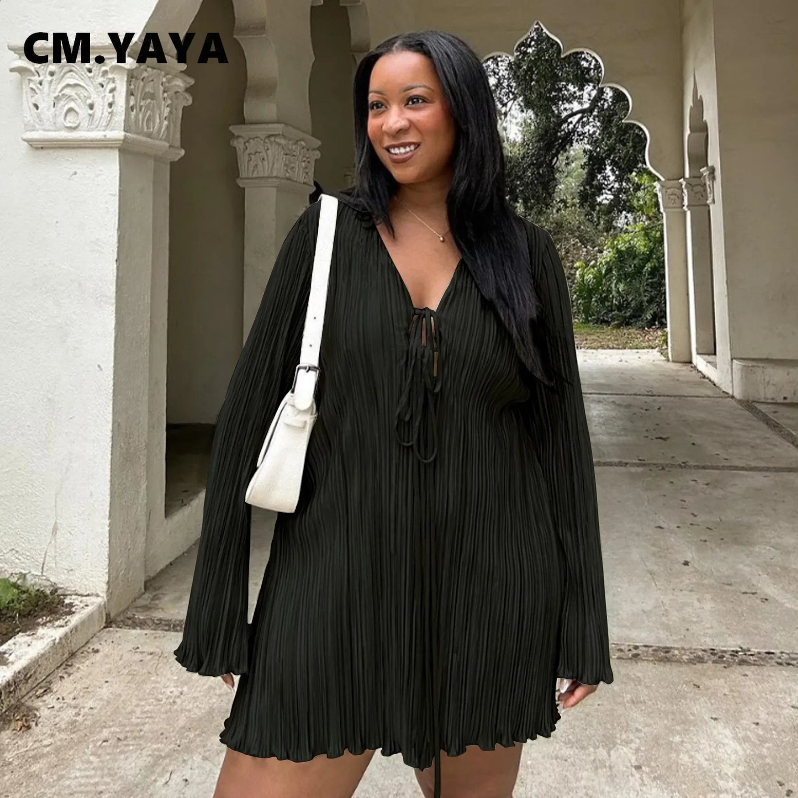 CMYAYA Long Sleeve Women Vneck Pleated Dress Casual Streetwear Plus Size Mini Dresses 2024 Autumn Slim Party 250526