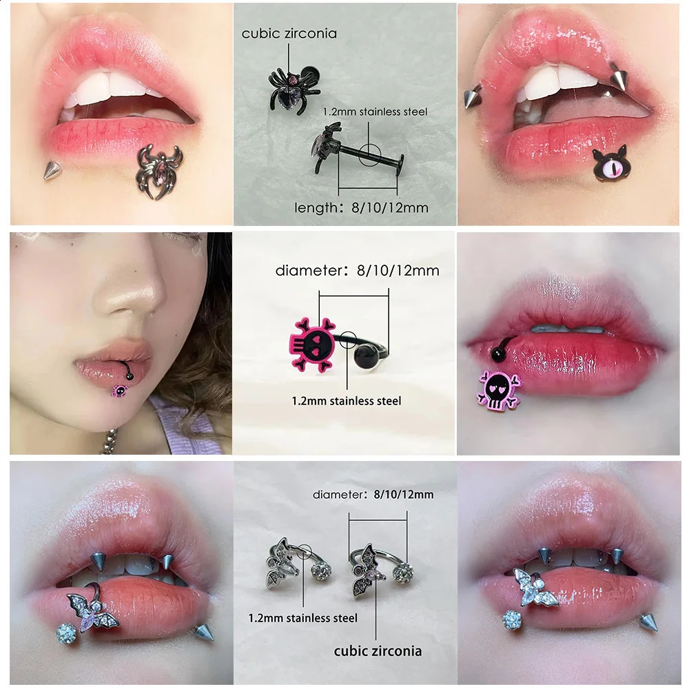 Punk Cool Bat Spider Pink Skull Lip Ring C-shaped Stainless Steel Zircon Labret Piercing Fashion Body Jewelry Halloween Gifts 250530