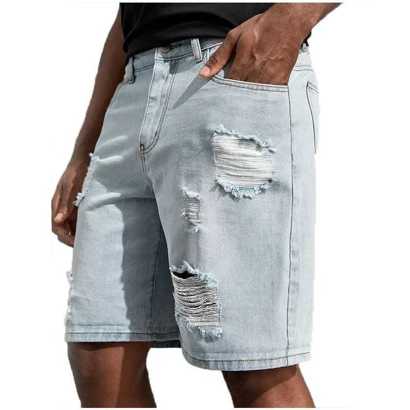 New Mens Korean-style Casual Ripped Denim Shorts Street Handsome Loose Straight-leg Large-size Five-point Pants. T250603