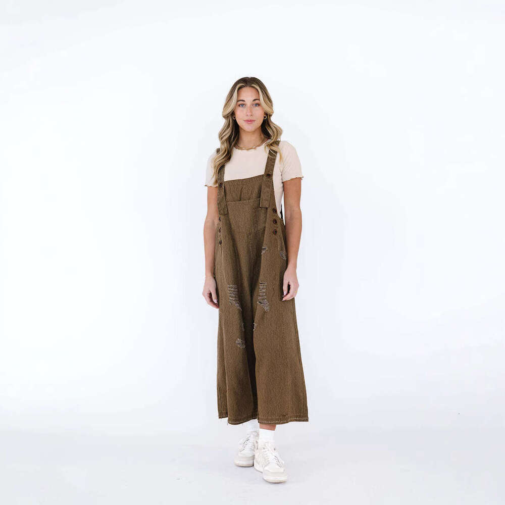 Fashion Vintage Distressed Loose Wide-Leg Comfortable Casual Strap Denim Overalls For Women B5