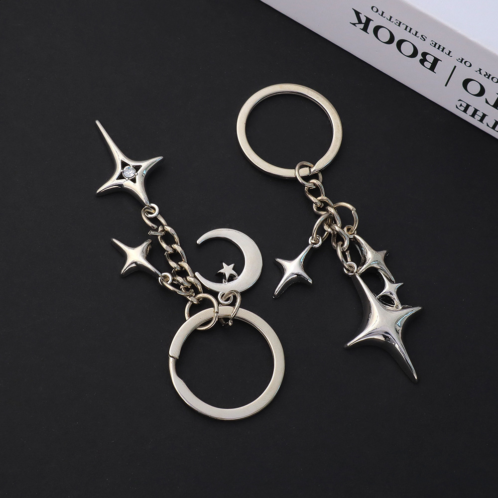 Creative Moon Star Pendant Keychain Lucky Four-Pointed Star Tassel Key Ring Simple Bag Charm for Women 250408