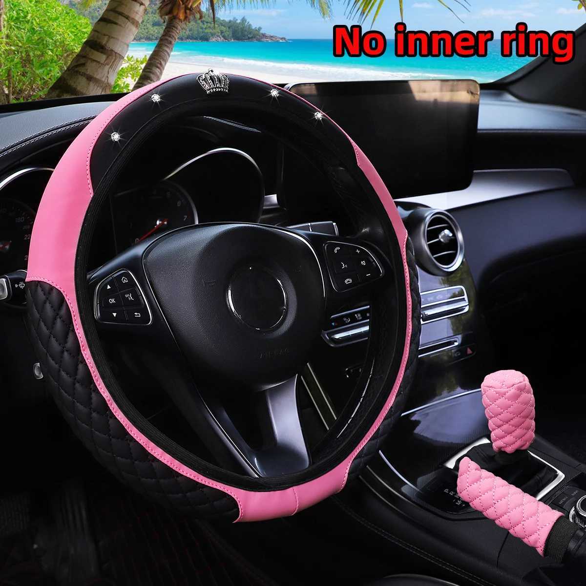 3-piece pu leather embroidered crown diamond car without inner ring steering wheel cover handbrake cover handle cover R250603