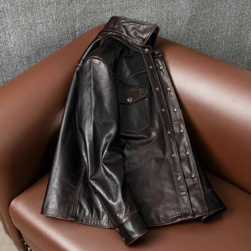Tea Core First-Layer Horsehide Hand-Rubbed Retro Natural Men's Lapel Slim Short Motorcycle Leather Jacket