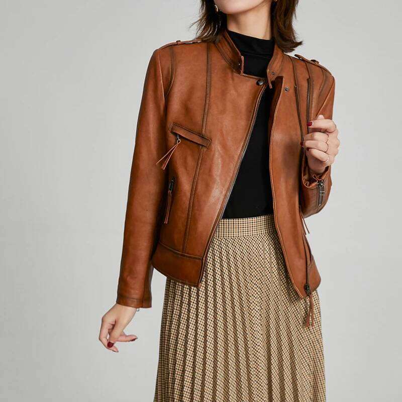 S-3XL Women's Real Leather Jackets Fashion Stand Collar Short Slim Diagonal Zipper Female First Layer Sheepskin Black Coat Tops