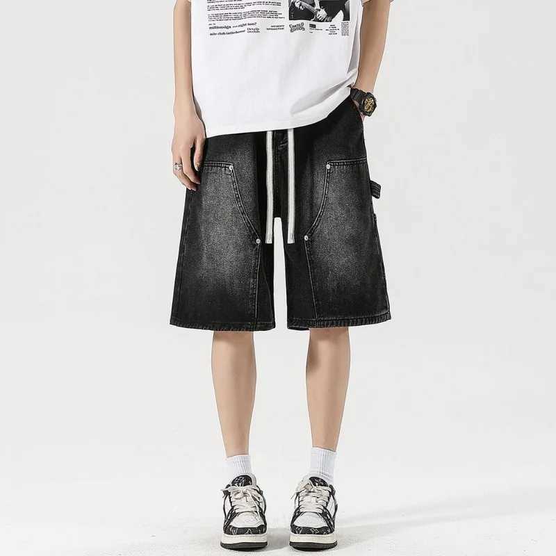 Fashion Streetwear Mens Denim Shorts Summer Loose Vintage Harajuku Splicing Hip-hop Cargo Moto Short Jeans Black Blue T250603