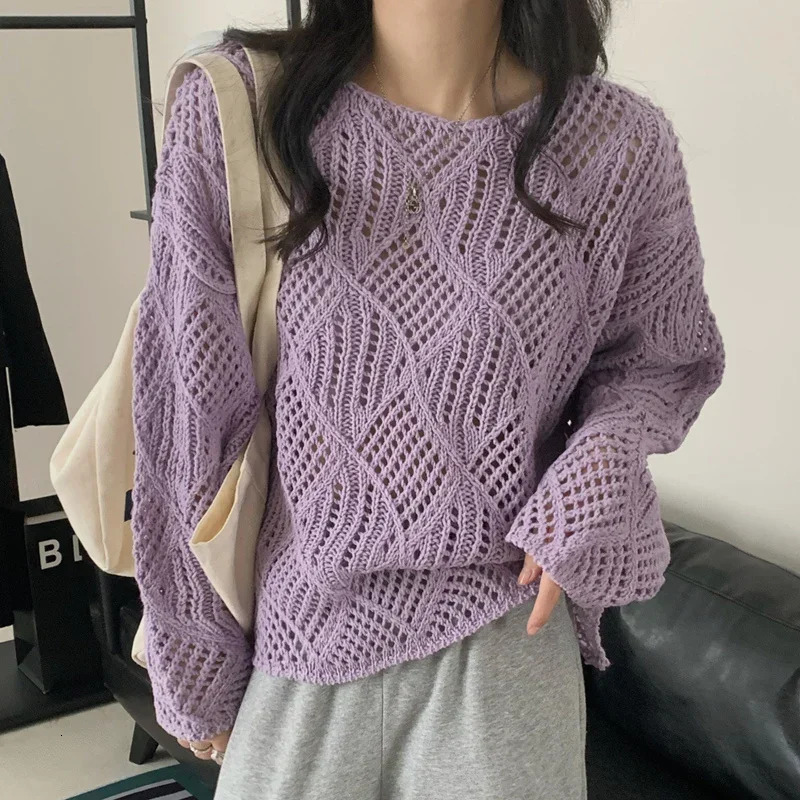 Pullovers Women Pointelle Knit Top Long Sleeve Semi-Sheer Sweater Jumper Spring Summer Fairycore Outfit 250603