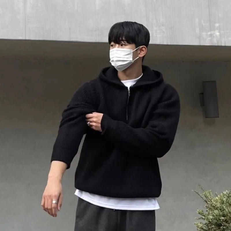 Mens Hooded Sweatshirt Knitting Solid with Zipper Male Hoodie Clothing Deals Cotton 90s Vintage Y2k Emo Tops Simple Warm 250603