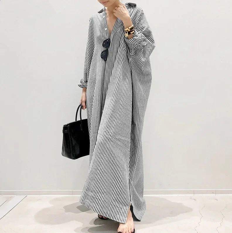 Loose Large Size Striped Cotton Linen Open Cardigan Commute Irregular Dress Elegant Atmosphere Cross-Border Original Single 250529