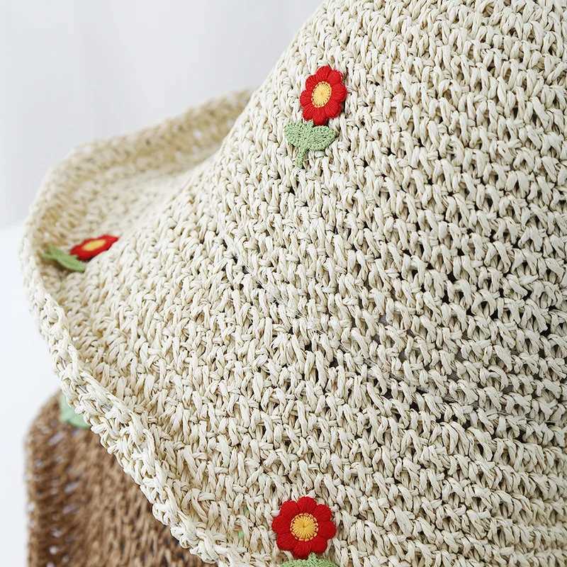 Womens Korean Style Straw Bucket Hat Floral Adjustable Sun Protection Sun Hat Breathable Foldable Beach Hat for Summer Outdoor W250602