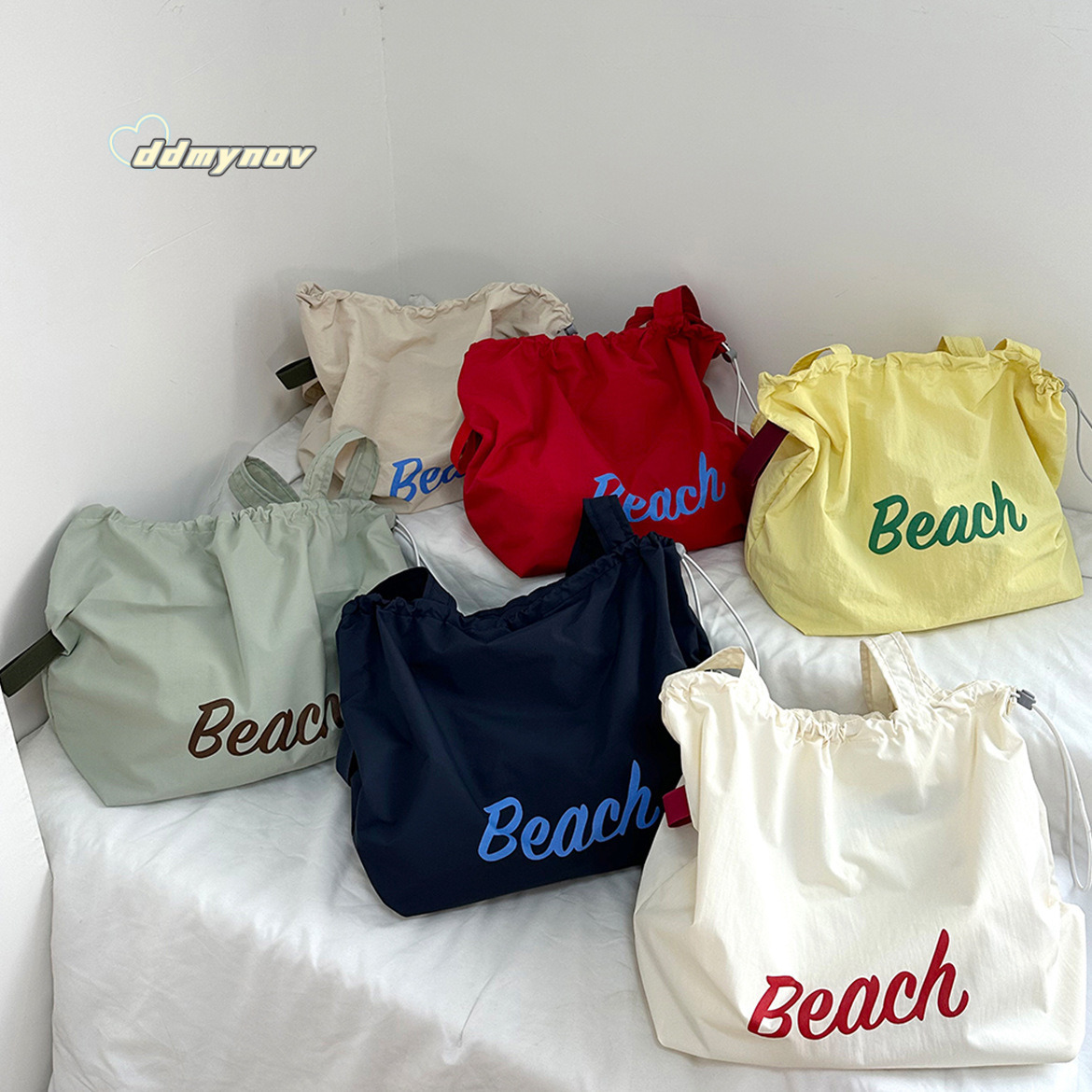 Korean Style New Letter Print for Women Large Capacity Nylon Shoulder Casual Versatile Portable Drawstring Tote Bag ddmynov