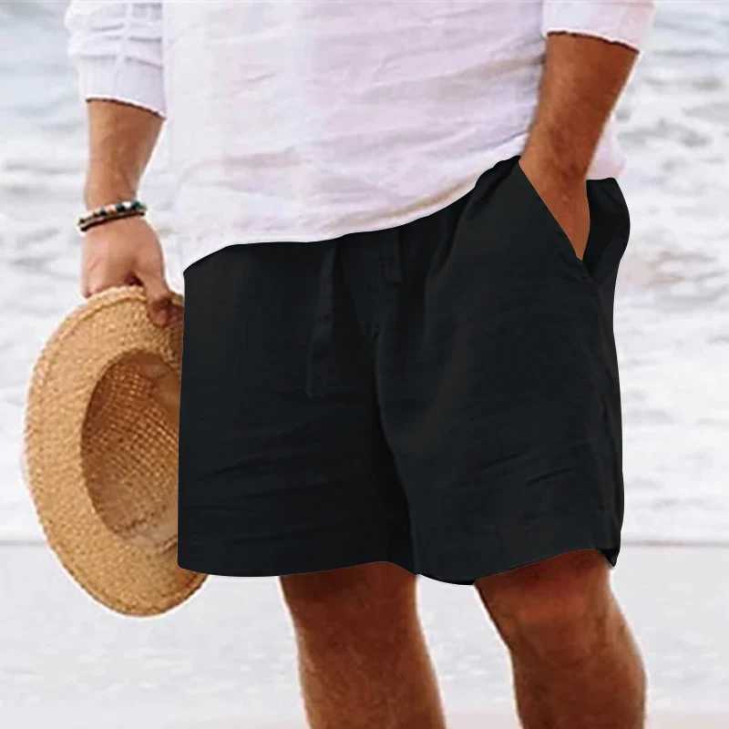 Mens Summer Cotton Linen Shorts with Drawstring Elastic Waist Straight Leg Solid Color Breathable Daily Beach Five Points Bermuda W250603