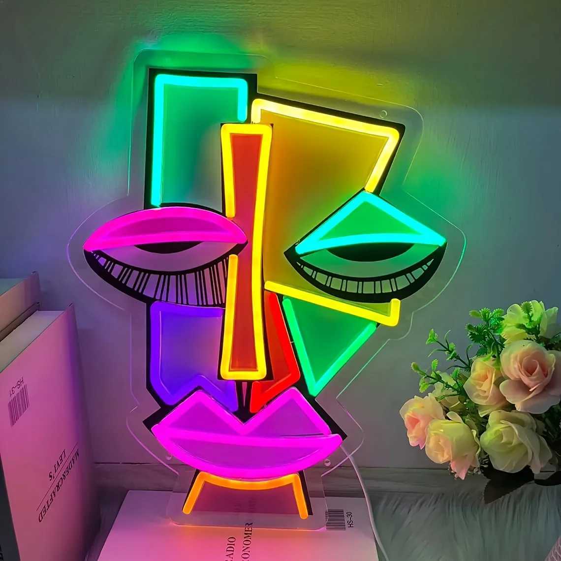 Abstract Face Neon Wall Decoration UV Printed Art Lighting for Bars Clubs Home Game Rooms and Offices Unique Birthday Gift Ideas XJ250602