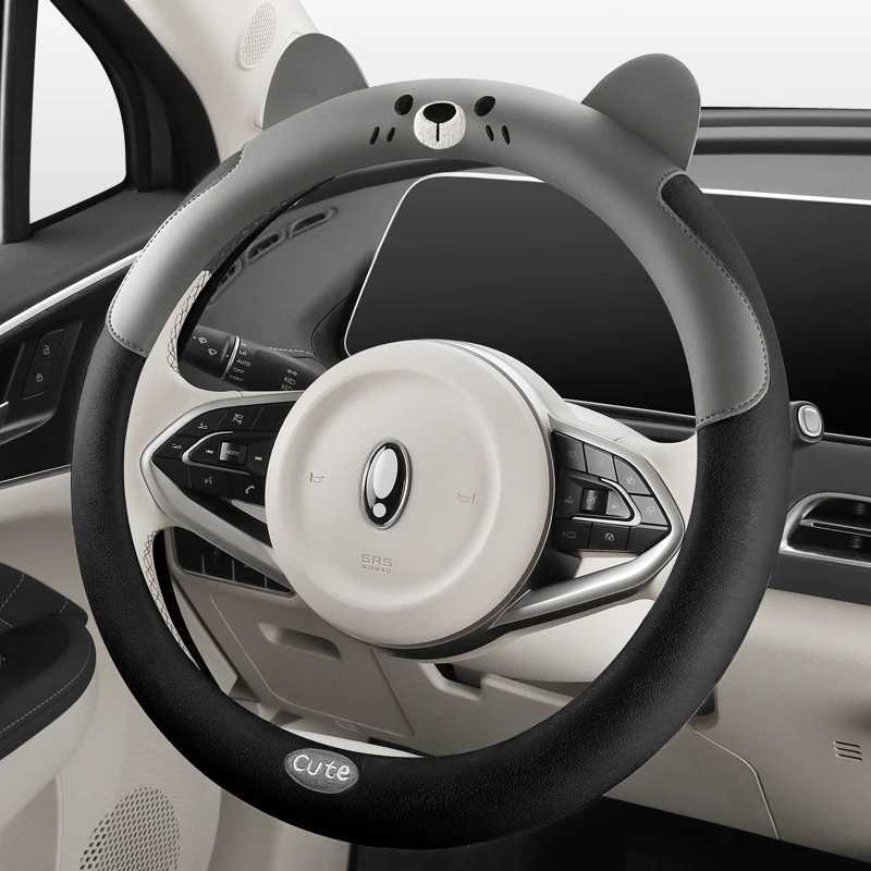 Cute Bear Car Steering Wheel Cover Suede Leather Combination Fits 14.5-15 Inch Steering Wheels All-Season Use R250603