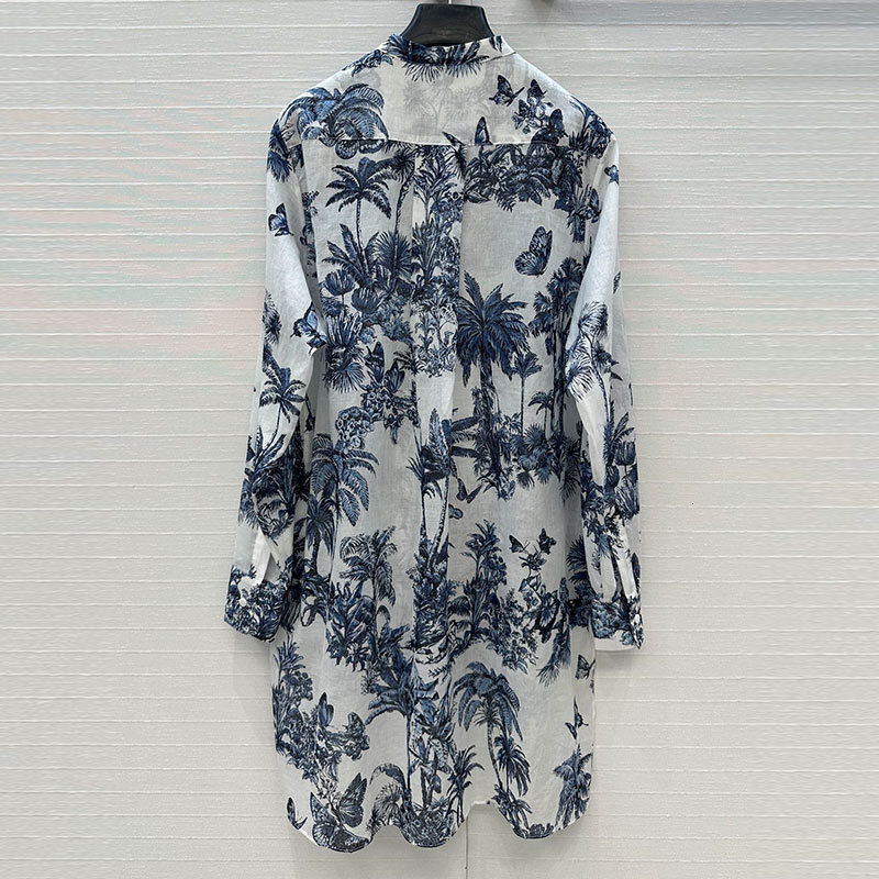 Summer Women's Butterfly Palm Print Cotton Shirt Classic Stand Collar Button Front Long Sleeve Loose Fit High-Low Hem Embroidered Retro Luxury Cl