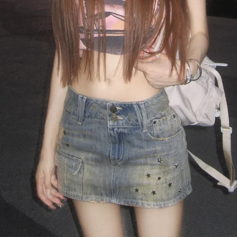 Deeptown Vintage Y2k Denim Skirt Women Sexy Harajuku Star Streetwear Mini Skirts A-line Retro Fashion Slim Up Casual Jeans Skirt 250603