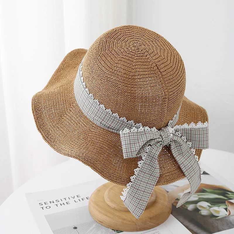 Summer Sun Hat Womens Wave-edge Fisherman Hat Breathable Knitted Wide Brim With Dot Bow Ribbon Beach Accessories For Outdoor W250602