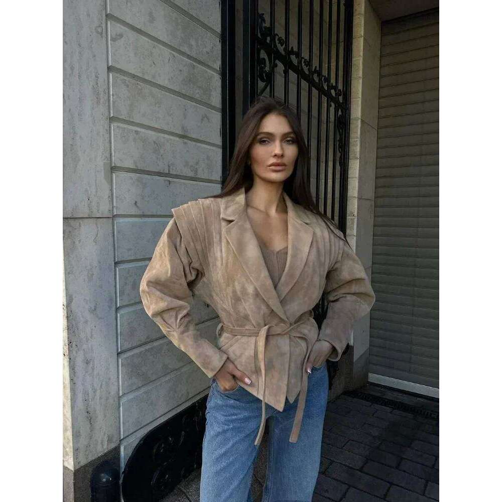 Fashion Retro Women Woolen Jacket Turn-down Collar Slim Fit Long Sleeve High Waist With Belt 2024 Autumn Lady Coat