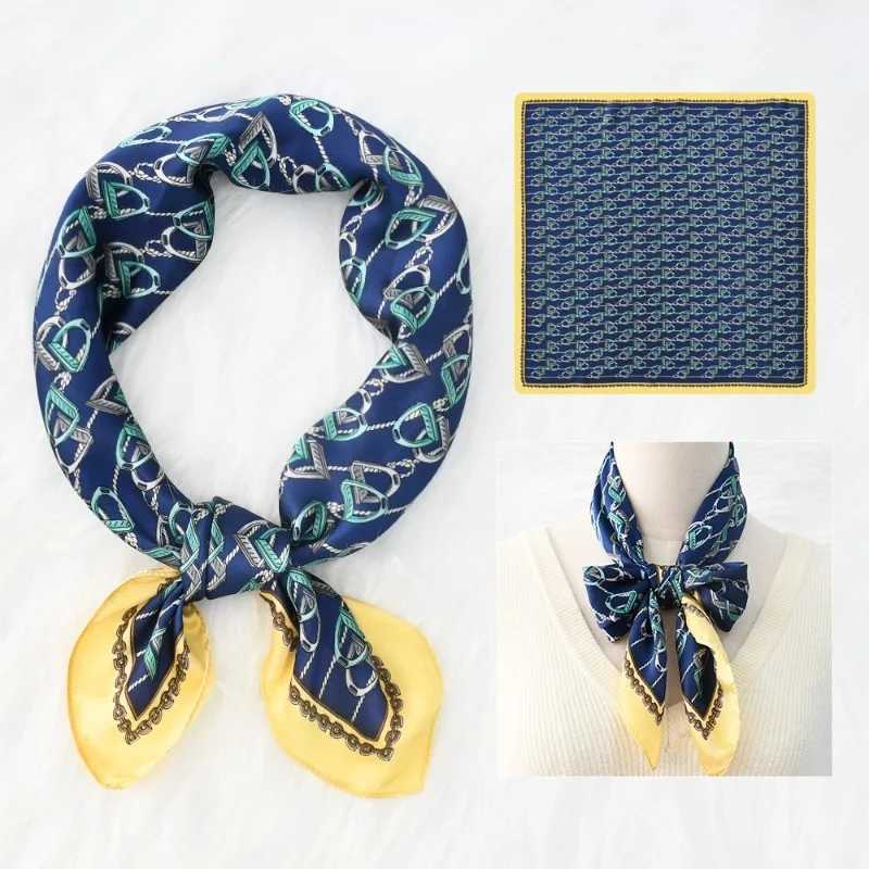 68cm Yellow Chain Horse Printed Scarf for Women Thin Imitation Silk Scarf Simple Light Luxury Style Scarves Headscarf Shawl W250602