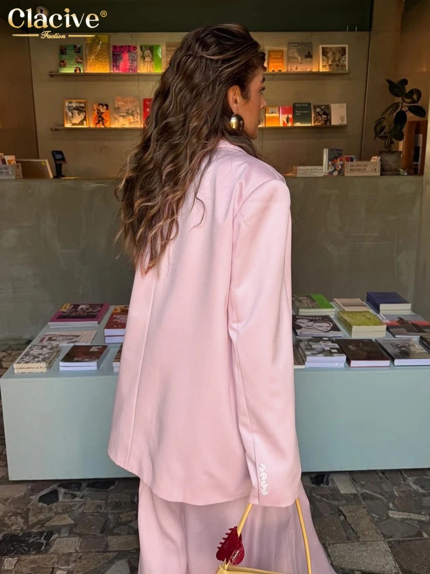 Clacive Fashion Loose Pink Satin Womens Two Pieces Set 2025 Elegant Long Sleeve Blazer With High Waist Maxi Skirt Set Female 250530