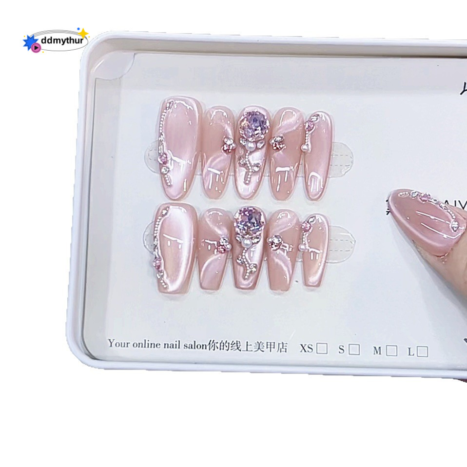 Nai Zi Handmade Wearable Nails Rose Church 3D Pink Dia Chasing Light Cat Eye High-end Pure Desire Temperament Nail Stickers ddmythur