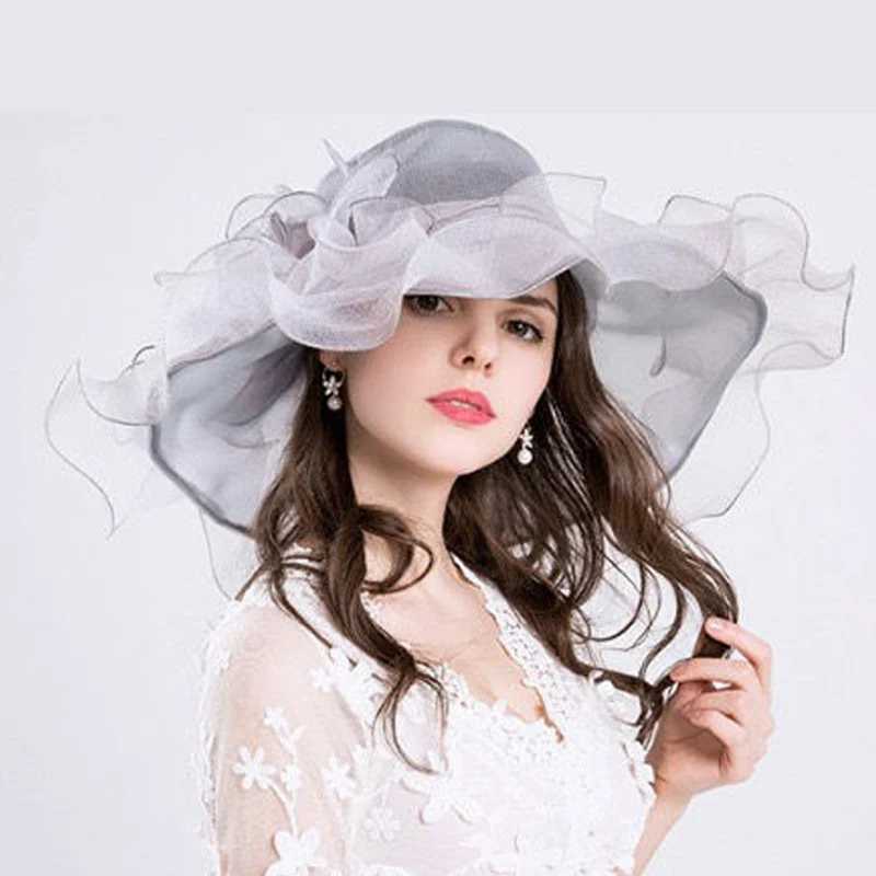 Womens Sheer Organza Wedding Hat with Wide Brim Veil - Elegant Kentucky Derby Church Hat for Bride Mother of Groom Formal Party W250602