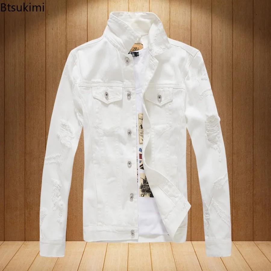 Mens Fashion Jeans Jacket Solid Spring Autumn Long Sleeves Cotton Denim Jacket Men Casual Ripped Hole Jean Coats Male 250529
