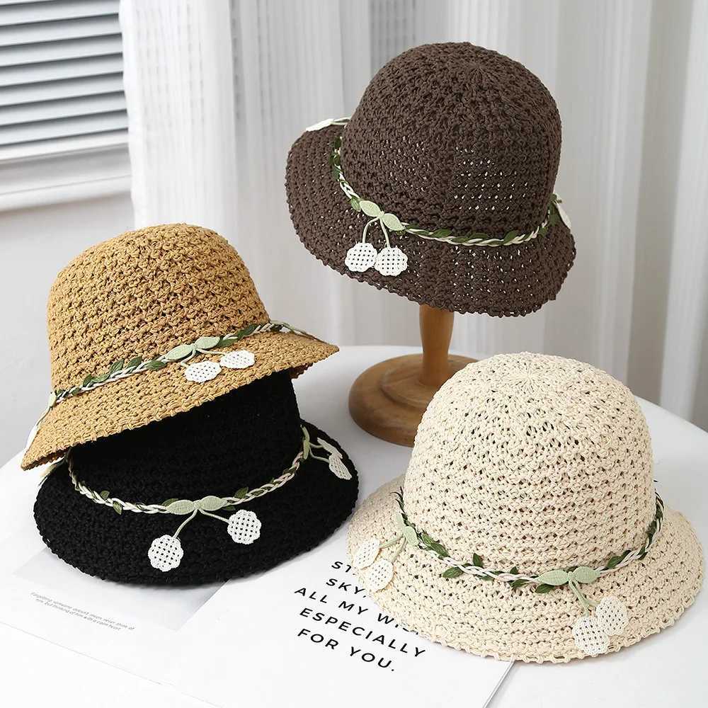 Korean Style Summer Floral Knitted Fisherman Hat For Women Sun Protection Breathable Beach Cap Adjustable Boho Chic Sun Hat W250602