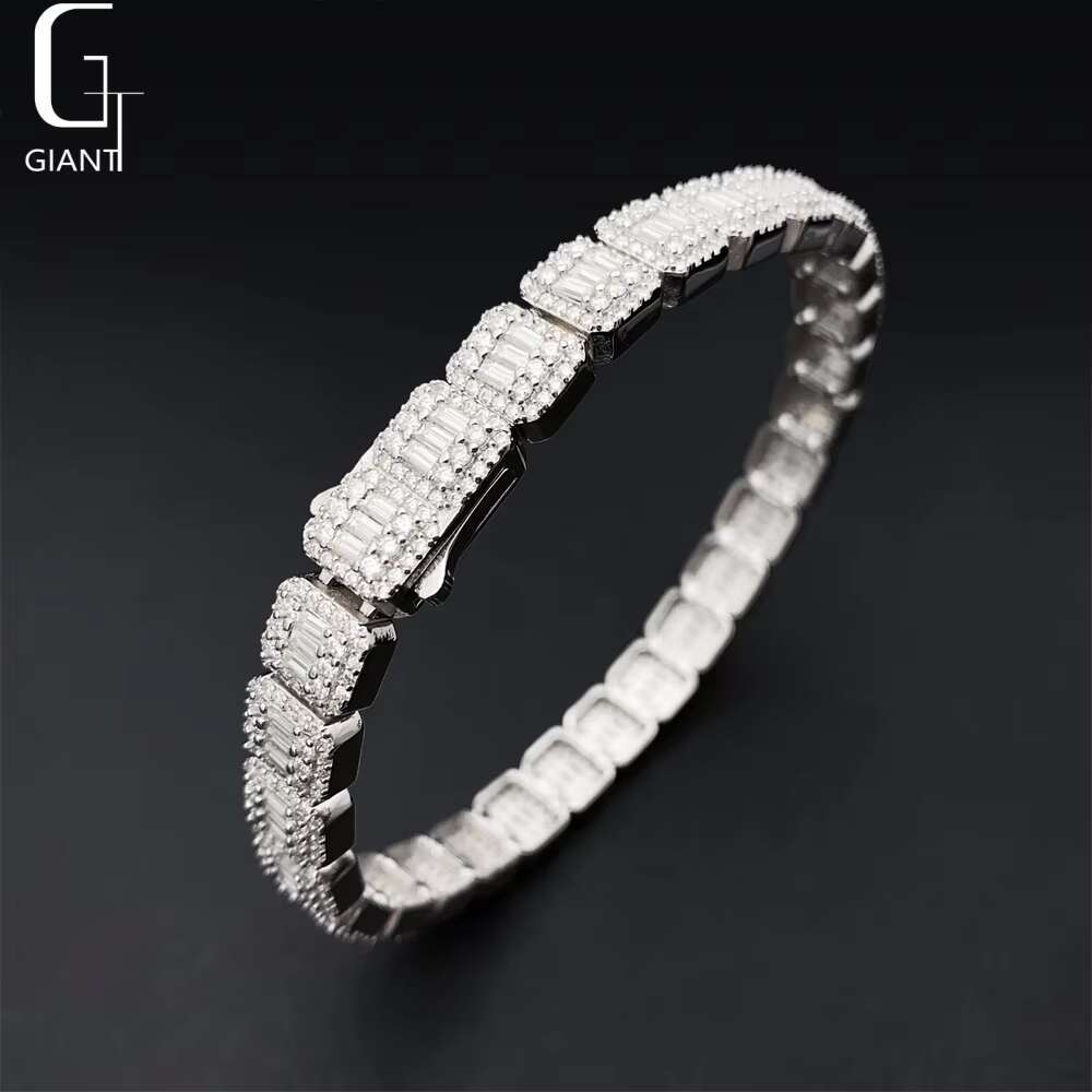 Spring Buckle VVS Moissanite Cuban Bracelet Iced Out Jewelry 9MM Baguette Cut Diamond Cuban Link Men Hip Hop Silver Bracelet