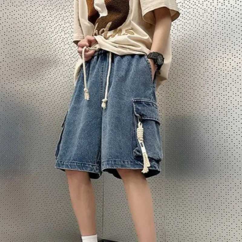 Mens Short Jeans Pants Drawstring Original Summer Male Bermuda Denim Shorts Korean Fashion Y2k Retro Distressed Buttons Cowboy T250603