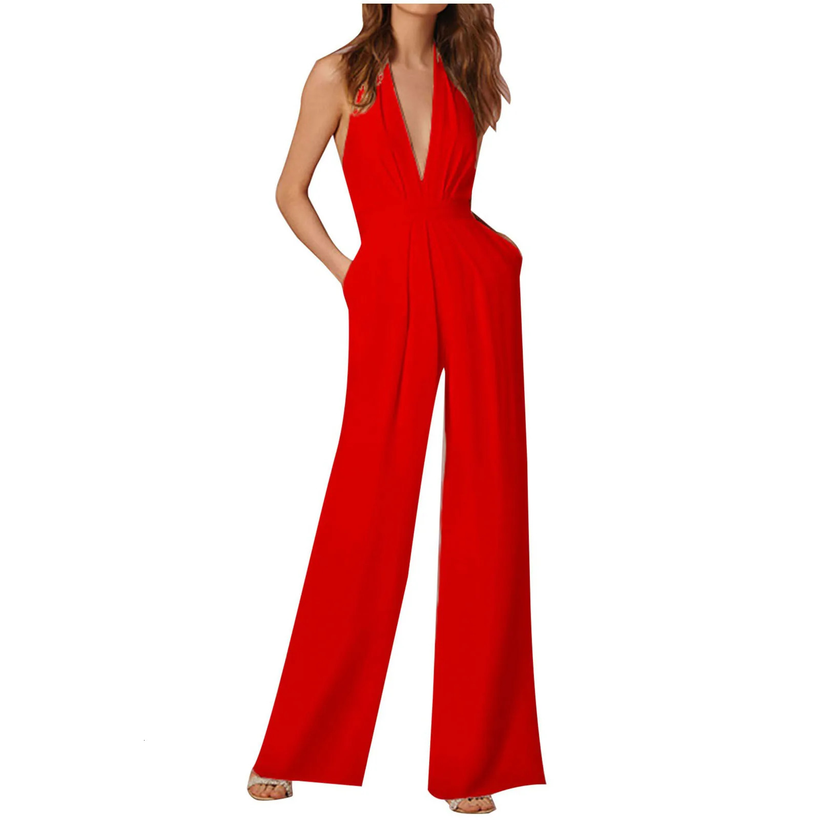 Sexy V Neck Women Jumpsuit Solid Color Party Halterneck Rompers With Pocket Summer Sleeveless Wide Leg Long Jumpsuits Streetwear 250603