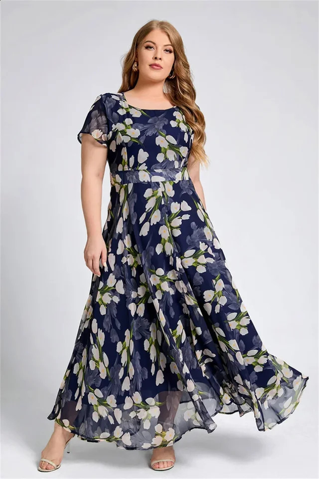 Plus Size Women Floral Printing Dress Short Sleeve Round Neck Chiffon Aline Female Elegant Casual Soft Fashion Summer Dresses 250526