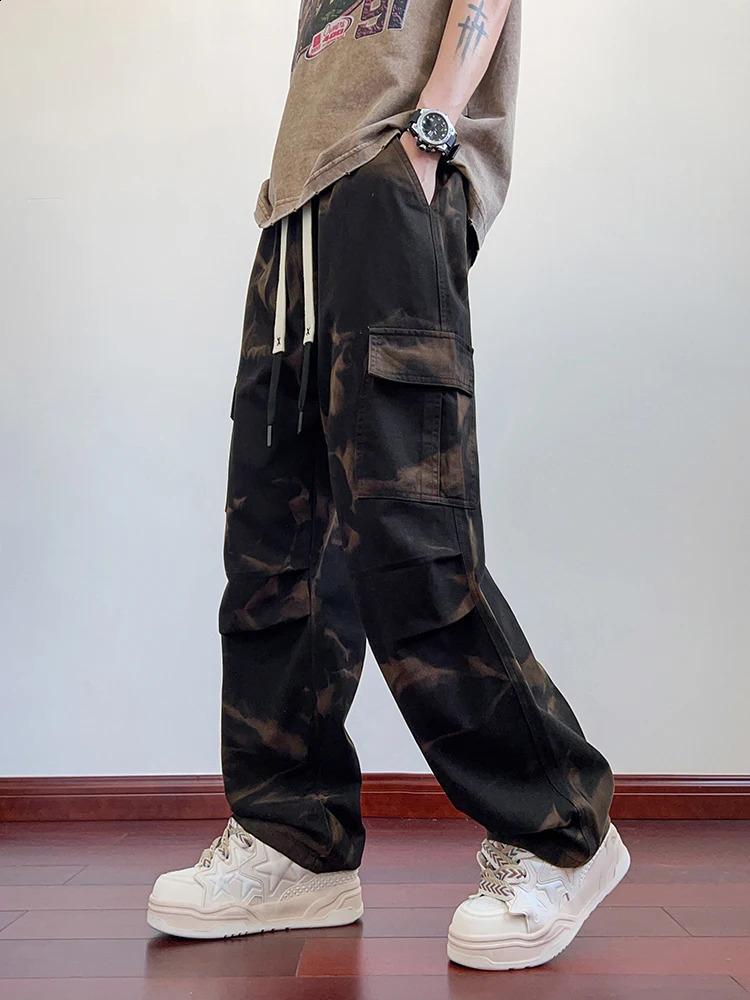 Mens Camouflage Cargo Pants with 6 Pockets Street Style Washed Cotton Wide Leg Y2K Pants Straight Baggy Work Trousers 8XL 250528