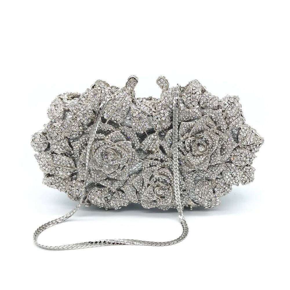 Hollowed-Out Rose Rhinestone Evening Crystal Women's Wedding Bridal Dinner Gown Bag Fashionable Banquet Handbag