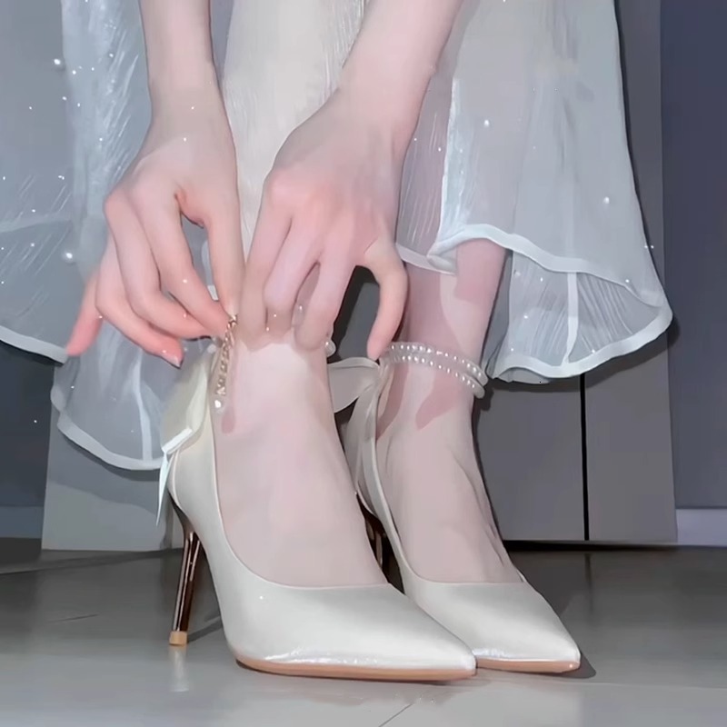 French Satin Single Shoes Women, Suitable for Daily Wear, Bridesmaids, Brides, Wedding Dresses, Thin Heels, Adult Ceremony High Heels