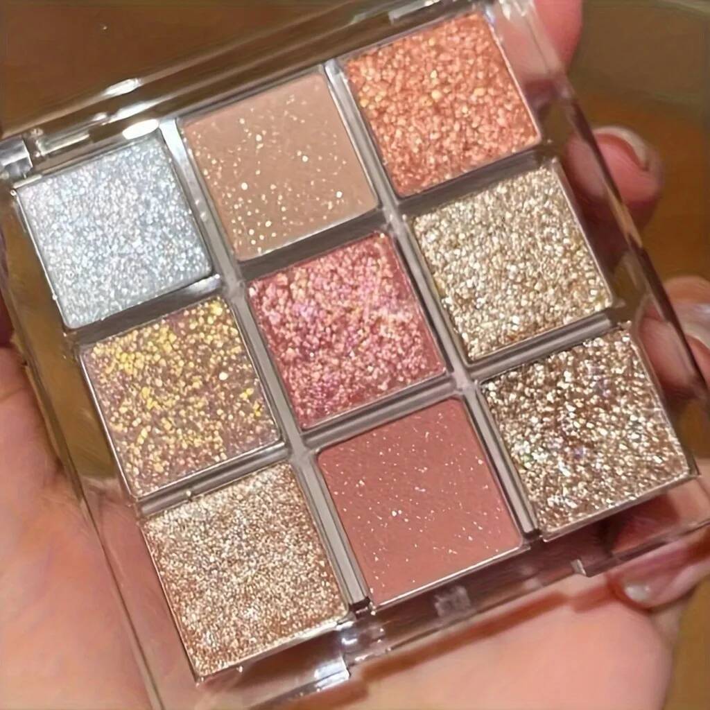 9 Color Pink Eyeshadow Palette, Waterproof, Long-Lasting, Pearly Glitter Finish