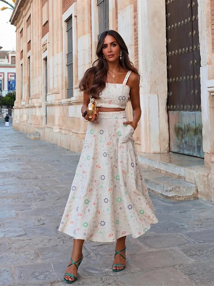 Chic Embroidery Long Skirts Suit Women Elegant Loose Sleeveless Crop Tops Sets Female Spring Summer Beach Vacation Set 250603