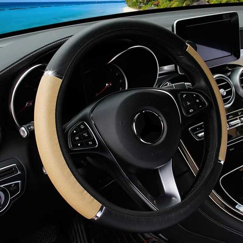 Leather Metal Strip Sporty Pop Car without Inner Rim Steering Wheel Cover Car Accessories Fit 14.5-15 Inches R250603