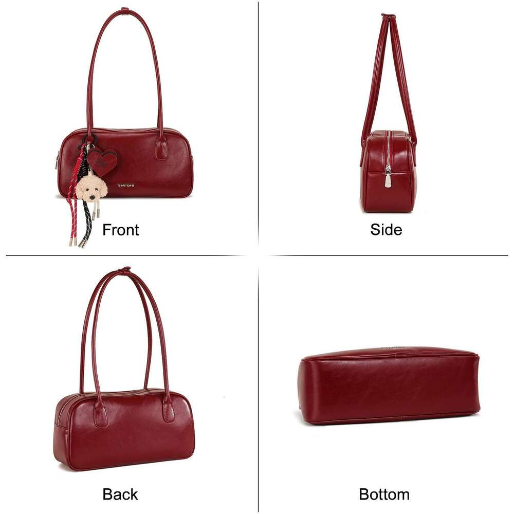 TOUTOU Red Bowling Bag for Women Dog Rope Pendent Boston PU Underarm Handbag 25cm Shoulder Strap 8.3 Inch Laptop Valentine Gift