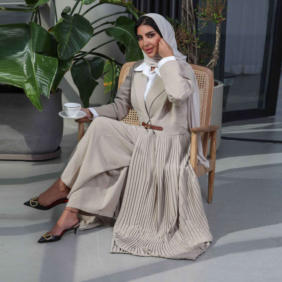 Mq115 Abaya Cardigan Robe Pleated Coat Muslim Arabic Fashion Leather Buttons B5