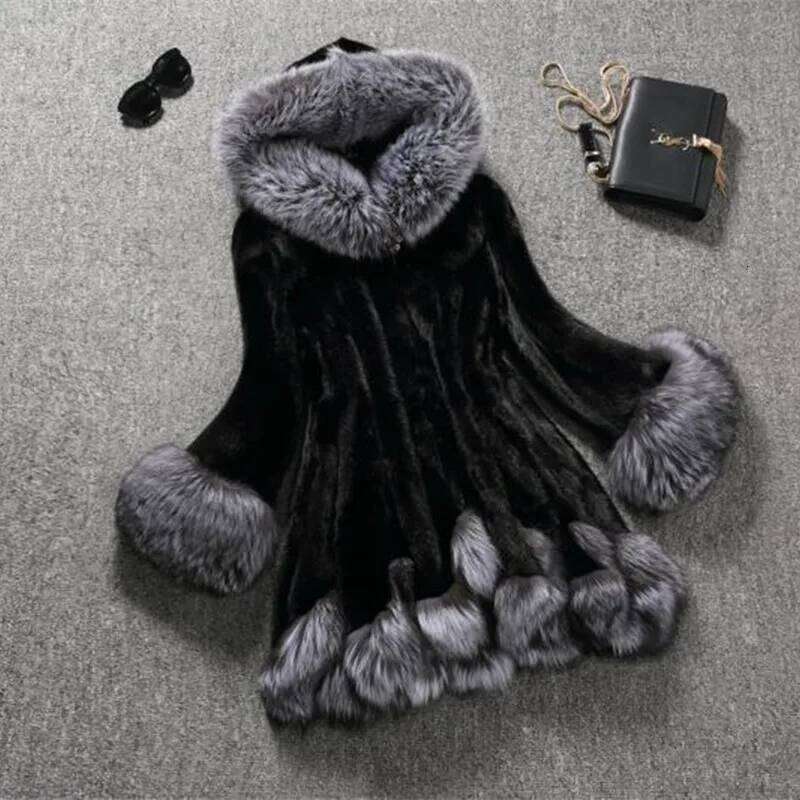 Wear Real Gorgeous Women's White Black Mink Winter Thick Hooded Jacket Long Sleeves Warm Fur Coat In Stock